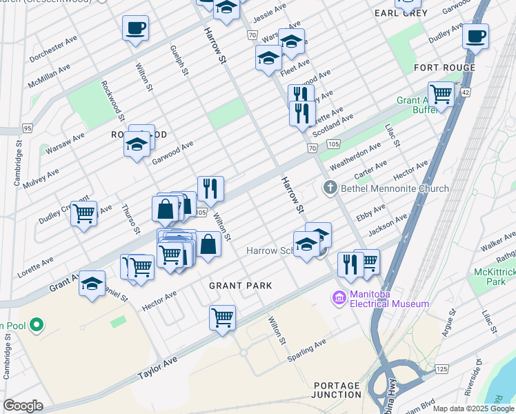map of restaurants, bars, coffee shops, grocery stores, and more near 981 Weatherdon Avenue in Winnipeg