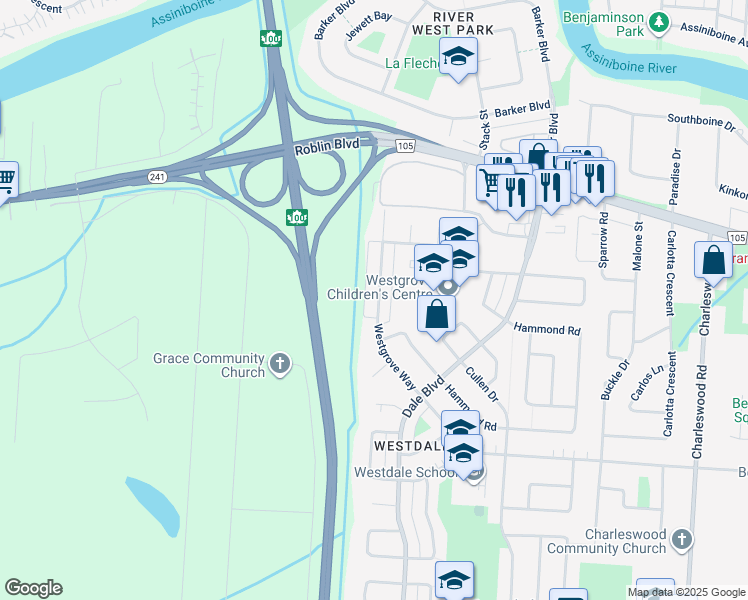 map of restaurants, bars, coffee shops, grocery stores, and more near 161 Westgrove Way in Winnipeg