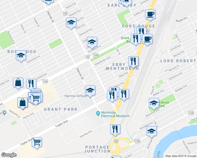 map of restaurants, bars, coffee shops, grocery stores, and more near 871 Hector Avenue in Winnipeg