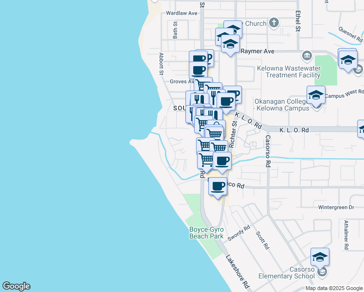 map of restaurants, bars, coffee shops, grocery stores, and more near 3135 Walnut Street in Kelowna