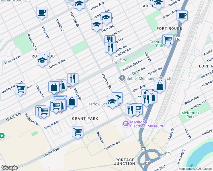 map of restaurants, bars, coffee shops, grocery stores, and more near 917 Carter Avenue in Winnipeg