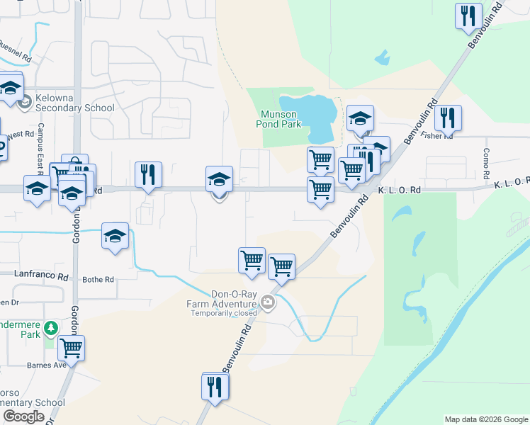 map of restaurants, bars, coffee shops, grocery stores, and more near 1629 K. L. O. Road in Kelowna