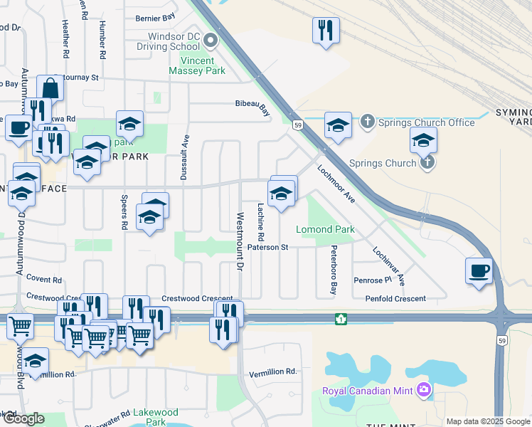 map of restaurants, bars, coffee shops, grocery stores, and more near 20 Lachine Road in Winnipeg