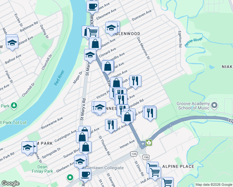 map of restaurants, bars, coffee shops, grocery stores, and more near 928-3 Handyside Avenue in Winnipeg