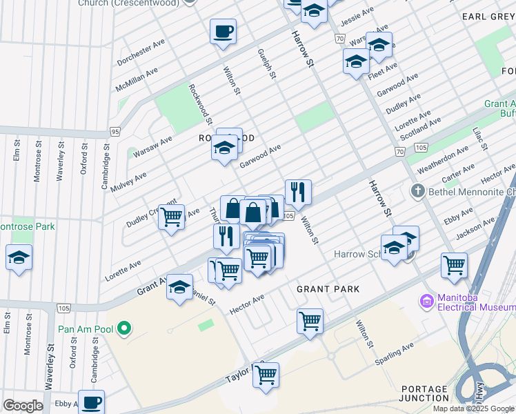 map of restaurants, bars, coffee shops, grocery stores, and more near 1114 Lorette Avenue in Winnipeg
