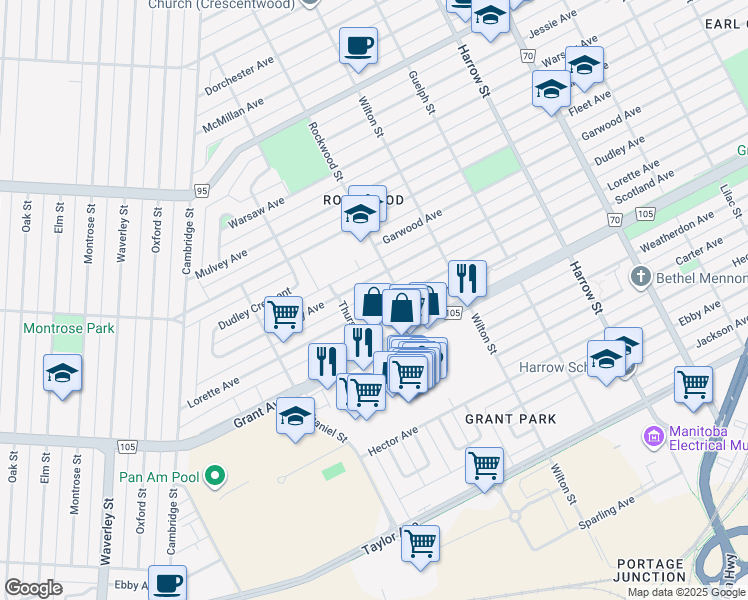 map of restaurants, bars, coffee shops, grocery stores, and more near 1137 Lorette Avenue in Winnipeg
