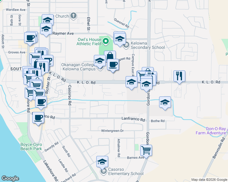 map of restaurants, bars, coffee shops, grocery stores, and more near 1057 K. L. O. Road in Kelowna