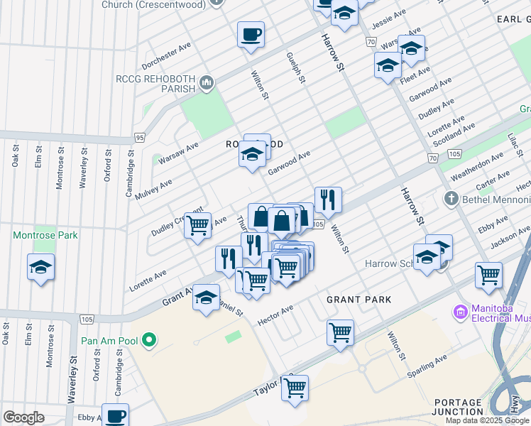 map of restaurants, bars, coffee shops, grocery stores, and more near 1133 Lorette Avenue in Winnipeg
