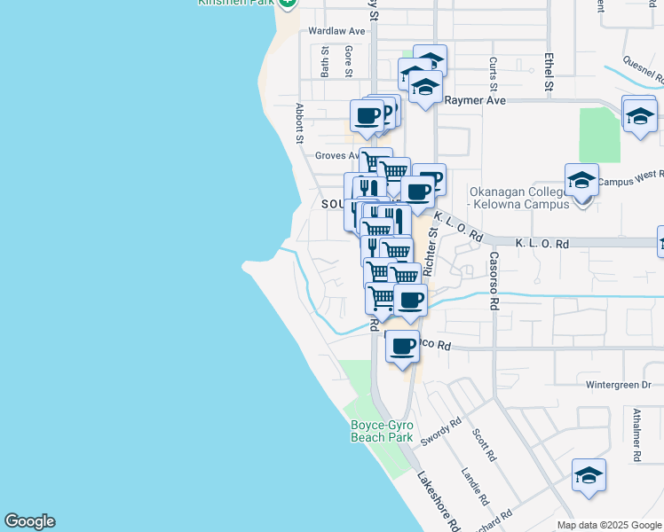 map of restaurants, bars, coffee shops, grocery stores, and more near 3135 Walnut Street in Kelowna