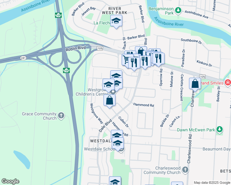 map of restaurants, bars, coffee shops, grocery stores, and more near 50 Westgrove Way in Winnipeg