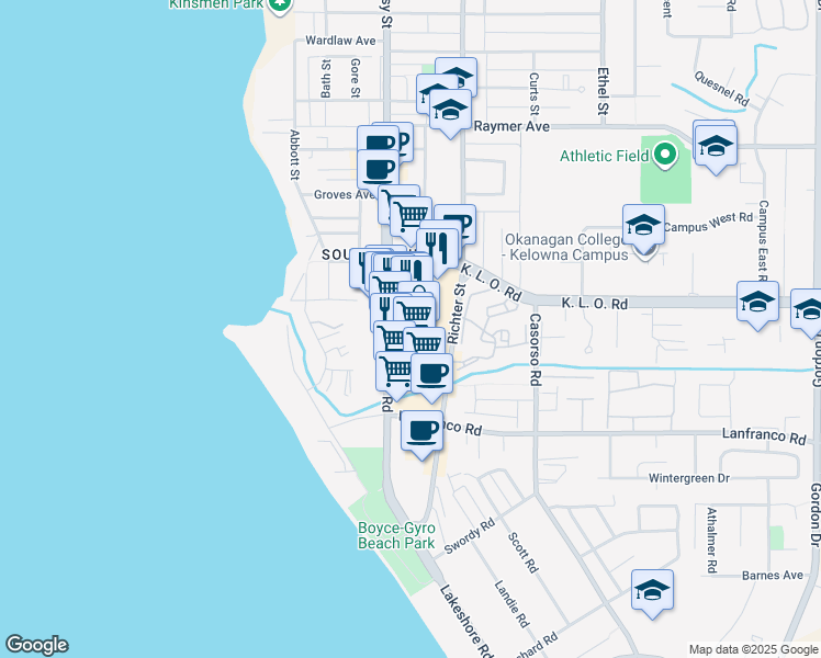 map of restaurants, bars, coffee shops, grocery stores, and more near 3155 Lakeshore Road in Kelowna