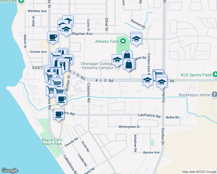 map of restaurants, bars, coffee shops, grocery stores, and more near 985 K. L. O. Road in Kelowna