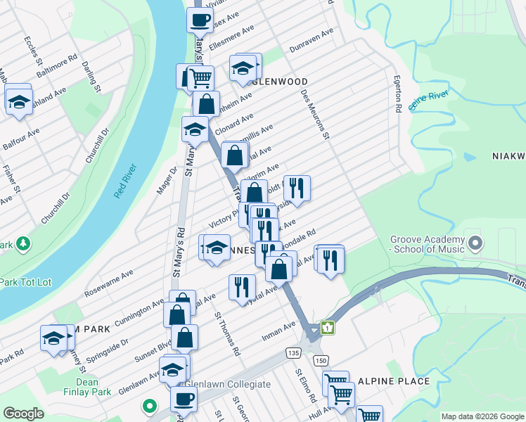 map of restaurants, bars, coffee shops, grocery stores, and more near 928-3 Handyside Avenue in Winnipeg