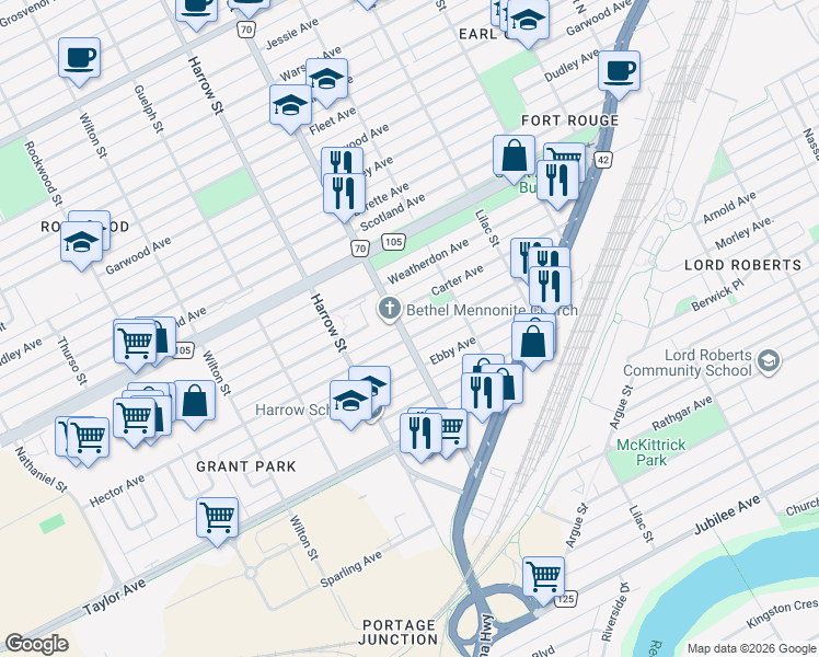map of restaurants, bars, coffee shops, grocery stores, and more near 871 Hector Avenue in Winnipeg