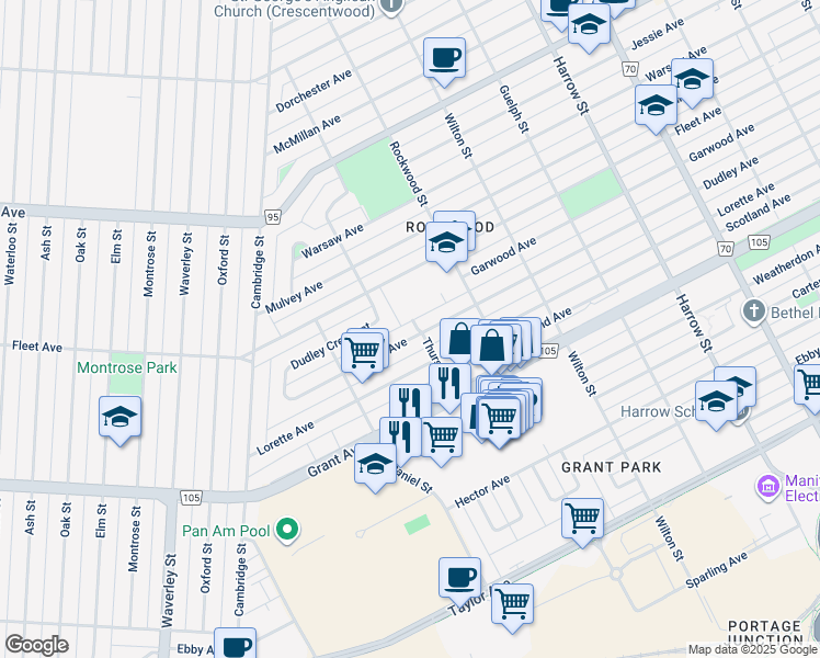 map of restaurants, bars, coffee shops, grocery stores, and more near 1142 Thurso Street in Winnipeg