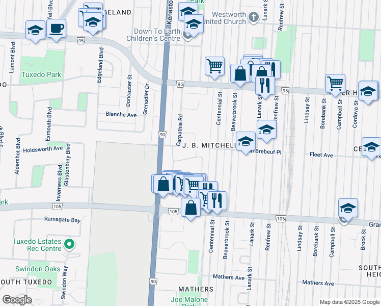 map of restaurants, bars, coffee shops, grocery stores, and more near 460 Carpathia Road in Winnipeg