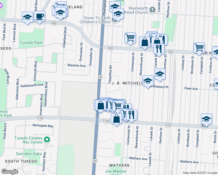 map of restaurants, bars, coffee shops, grocery stores, and more near 460 Carpathia Road in Winnipeg