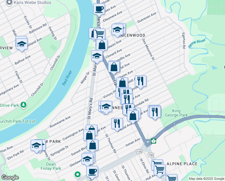 map of restaurants, bars, coffee shops, grocery stores, and more near 39 Victory Place in Winnipeg