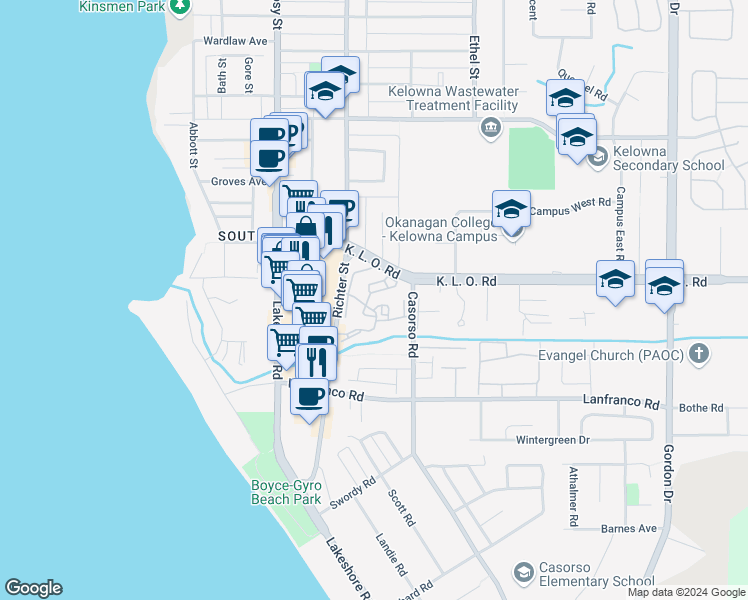 map of restaurants, bars, coffee shops, grocery stores, and more near 3163 Richter Street in Kelowna