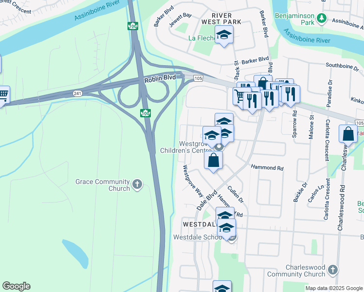 map of restaurants, bars, coffee shops, grocery stores, and more near 161 Westgrove Way in Winnipeg