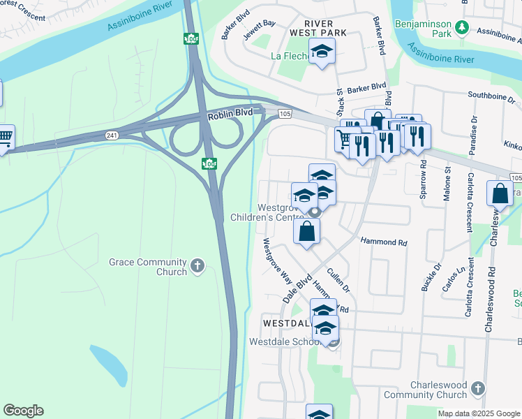 map of restaurants, bars, coffee shops, grocery stores, and more near 141 Westgrove Way in Winnipeg
