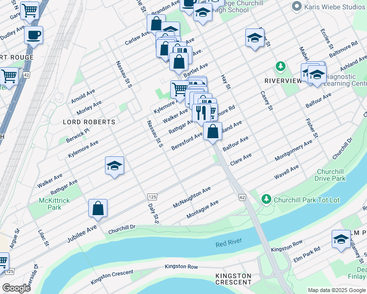 map of restaurants, bars, coffee shops, grocery stores, and more near 504 Beresford Avenue in Winnipeg
