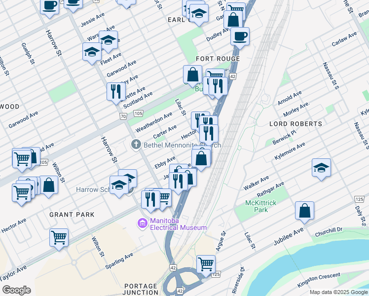 map of restaurants, bars, coffee shops, grocery stores, and more near 671 Ebby Avenue in Winnipeg