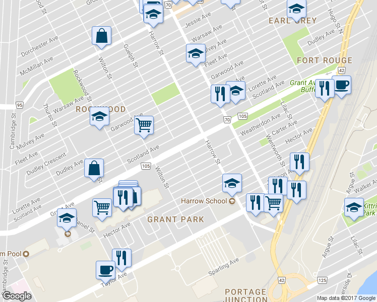 map of restaurants, bars, coffee shops, grocery stores, and more near 952 Weatherdon Avenue in Winnipeg