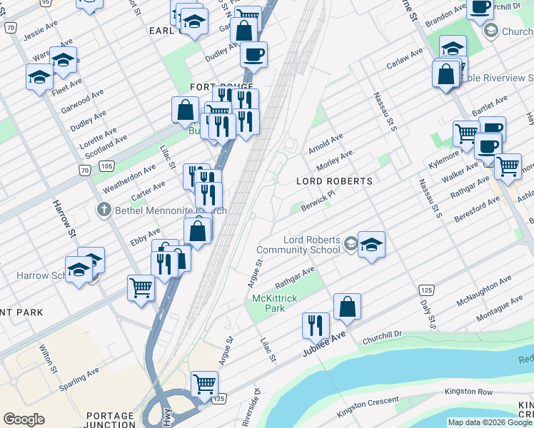 map of restaurants, bars, coffee shops, grocery stores, and more near 15 Berwick Court in Winnipeg
