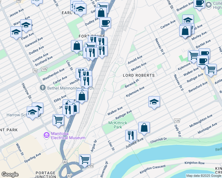 map of restaurants, bars, coffee shops, grocery stores, and more near 15 Berwick Court in Winnipeg