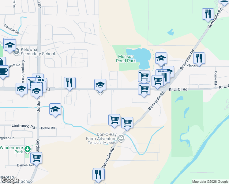 map of restaurants, bars, coffee shops, grocery stores, and more near 1629 K. L. O. Road in Kelowna