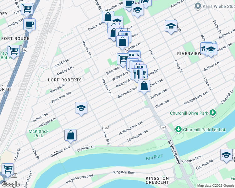 map of restaurants, bars, coffee shops, grocery stores, and more near 517 Beresford Avenue in Winnipeg