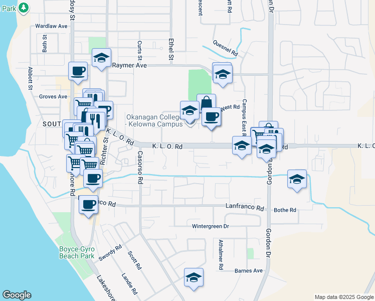 map of restaurants, bars, coffee shops, grocery stores, and more near 3180 De Montreuil Court in Kelowna
