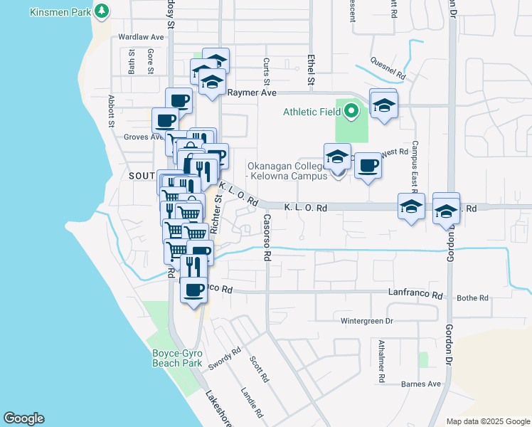 map of restaurants, bars, coffee shops, grocery stores, and more near in Kelowna