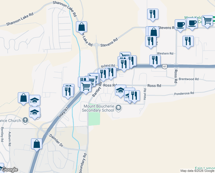 map of restaurants, bars, coffee shops, grocery stores, and more near in West Kelowna