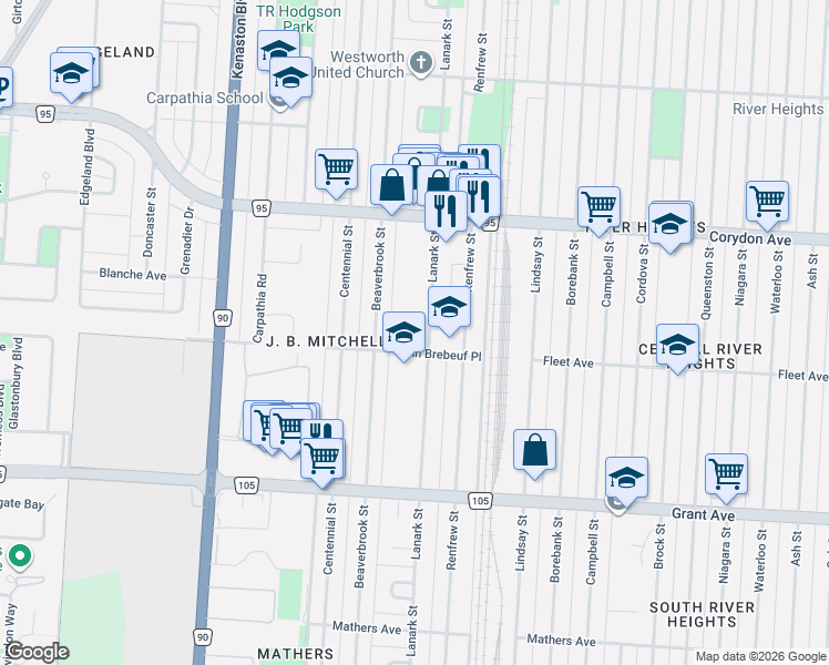 map of restaurants, bars, coffee shops, grocery stores, and more near 525 Lanark Street in Winnipeg