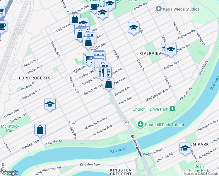 map of restaurants, bars, coffee shops, grocery stores, and more near 364 Ashland Avenue in Winnipeg