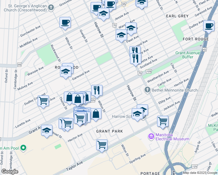 map of restaurants, bars, coffee shops, grocery stores, and more near 1025 Grant Avenue in Winnipeg