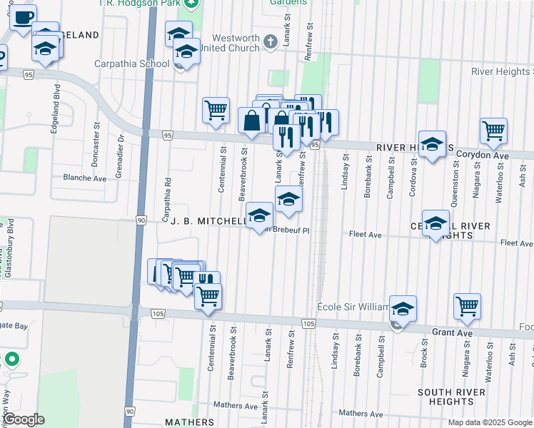 map of restaurants, bars, coffee shops, grocery stores, and more near 525 Lanark Street in Winnipeg