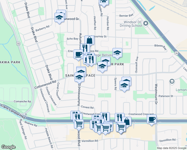 map of restaurants, bars, coffee shops, grocery stores, and more near 975 Cottonwood Road in Winnipeg