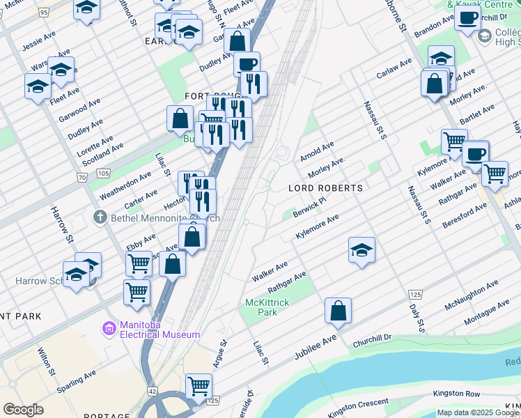 map of restaurants, bars, coffee shops, grocery stores, and more near 15 Berwick Court in Winnipeg