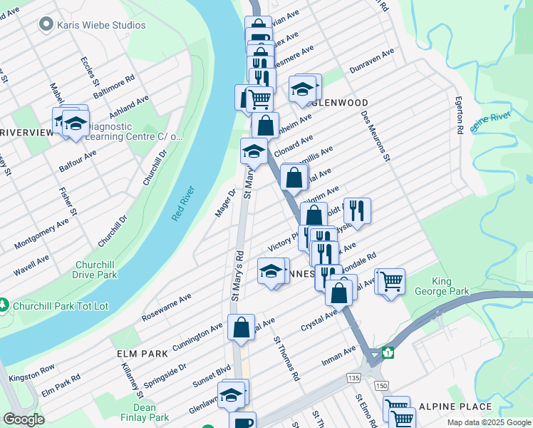 map of restaurants, bars, coffee shops, grocery stores, and more near 19 Loraine Street in Winnipeg