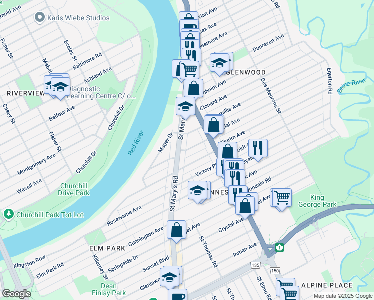map of restaurants, bars, coffee shops, grocery stores, and more near Loraine Street in Winnipeg