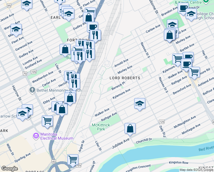 map of restaurants, bars, coffee shops, grocery stores, and more near 537 Berwick Place in Winnipeg