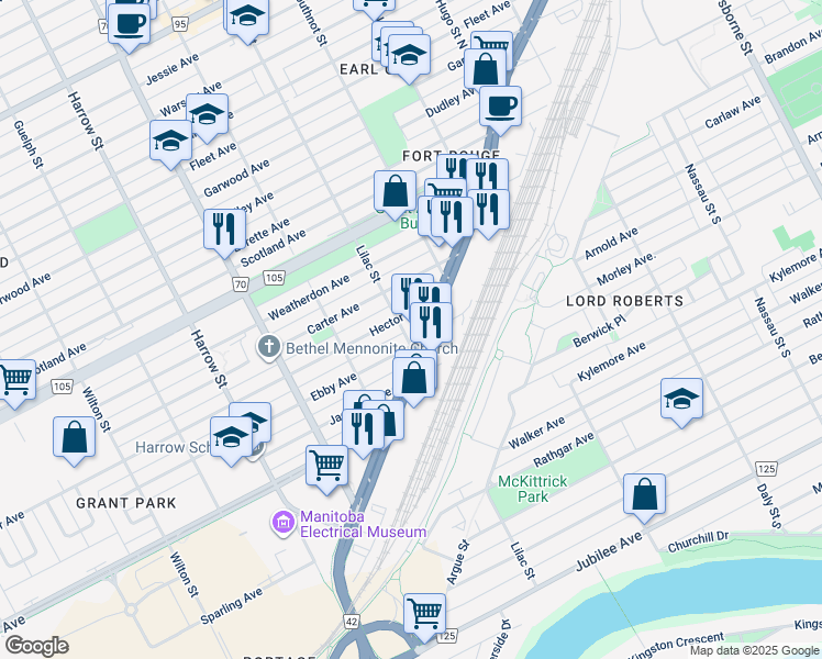 map of restaurants, bars, coffee shops, grocery stores, and more near 681 Pembina Highway in Winnipeg