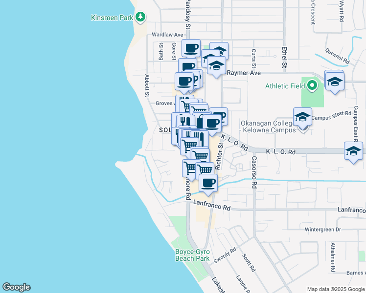 map of restaurants, bars, coffee shops, grocery stores, and more near 3110 Lakeshore Road in Kelowna