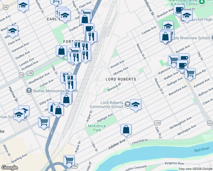 map of restaurants, bars, coffee shops, grocery stores, and more near 537 Berwick Place in Winnipeg