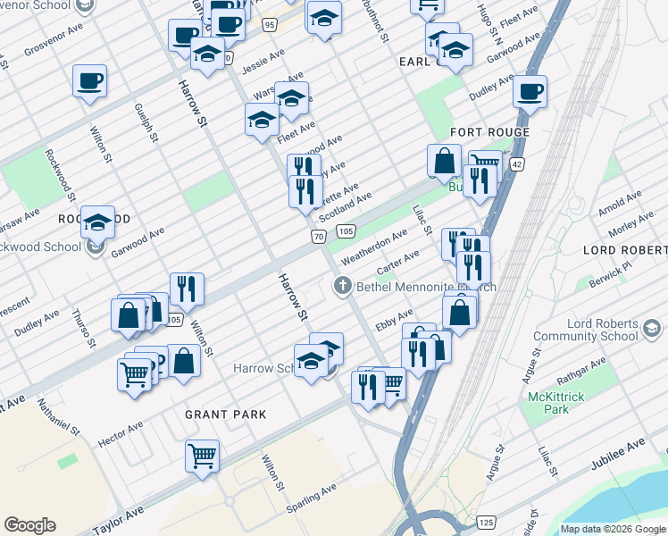 map of restaurants, bars, coffee shops, grocery stores, and more near Weatherdon Avenue in Winnipeg