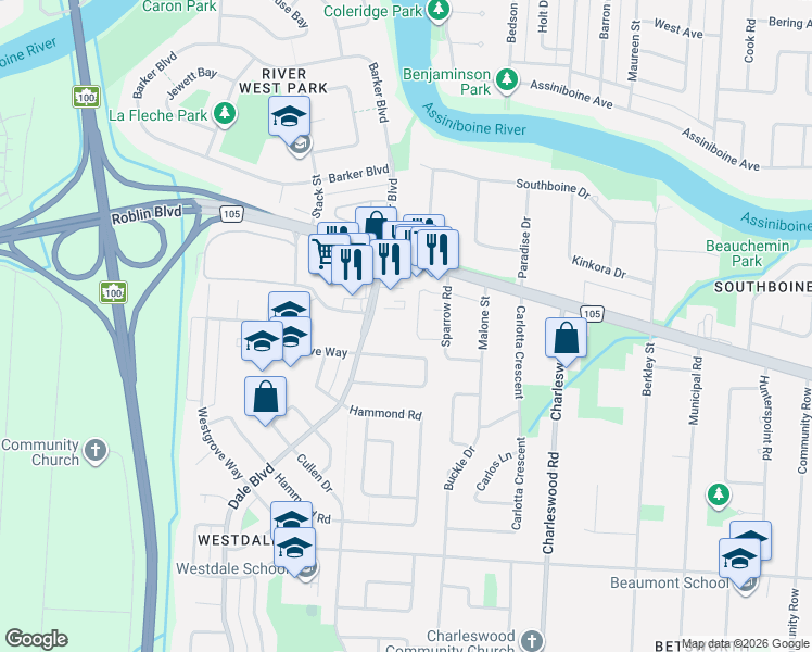 map of restaurants, bars, coffee shops, grocery stores, and more near in Winnipeg