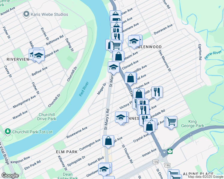 map of restaurants, bars, coffee shops, grocery stores, and more near 627 Route 52 in Winnipeg